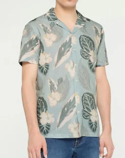 Chemise en Lin mélangé Bowling à imprimé tropical vert clair-Hackett London Discount