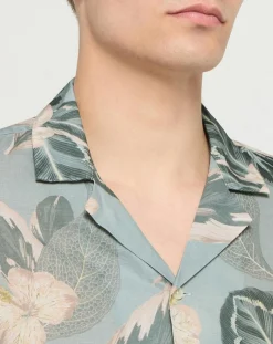 Chemise en Lin mélangé Bowling à imprimé tropical vert clair-Hackett London Discount