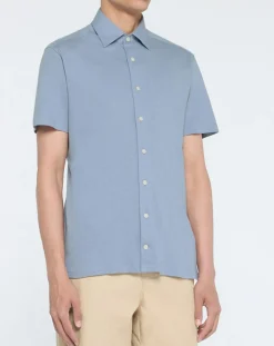 Chemise en Lin mélangé Slim Fit Polo Piqué bleu clair-Hackett London Clearance