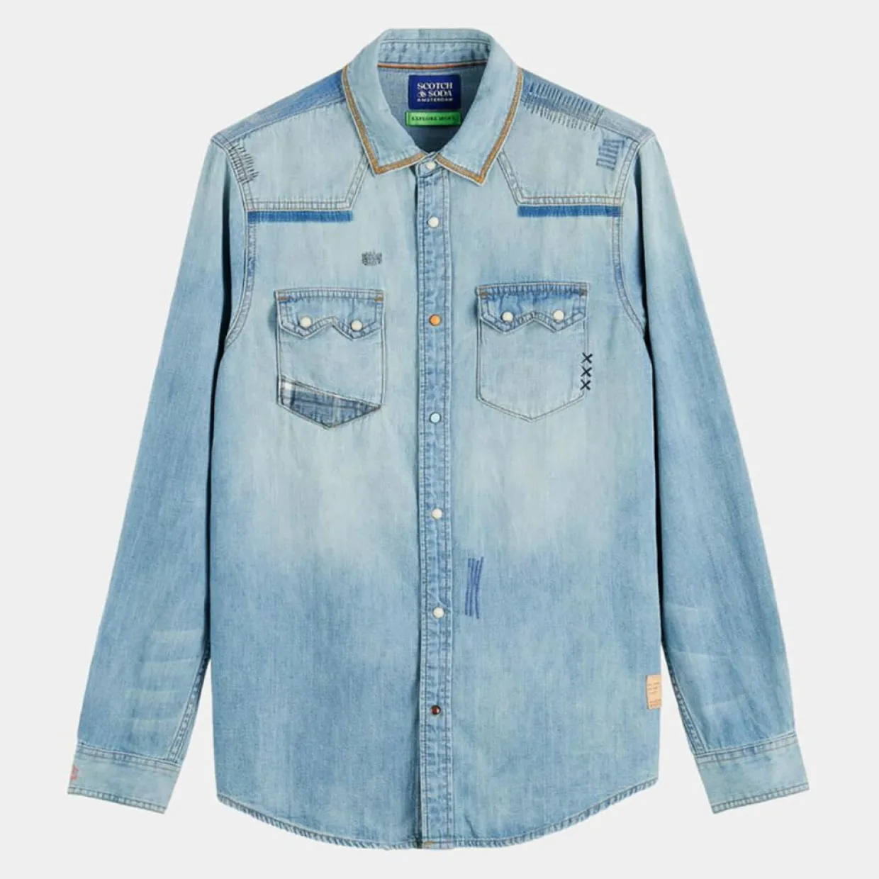 Chemise Regular Fit en Jean Western Patch bleu clair délavé-Scotch & Soda Sale