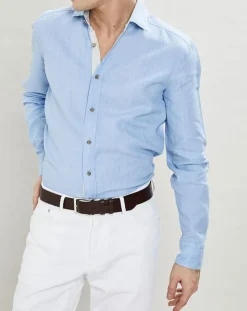 Chemise Slim Fit coton façon lin Yoke Mosaïque bleu ciel-Hackett London Discount