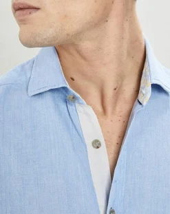 Chemise Slim Fit coton façon lin Yoke Mosaïque bleu ciel-Hackett London Discount
