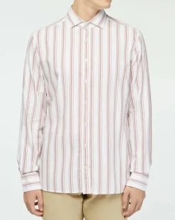 Homme Hackett London Chemises^Chemise Slim Fit en Coton & Lin Washed à rayures écru/bordeaux