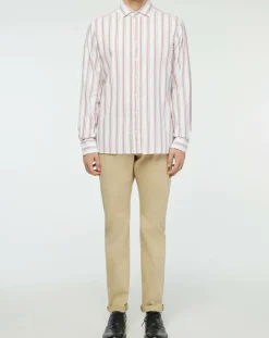 Homme Hackett London Chemises^Chemise Slim Fit en Coton & Lin Washed à rayures écru/bordeaux