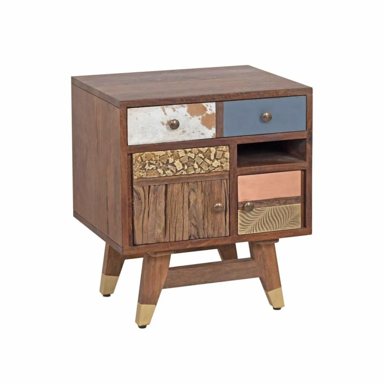 Chevet multi-matériaux peau de vache bois sculpté Naturel - 50x40x55 cm-Bois & Chiffons Hot