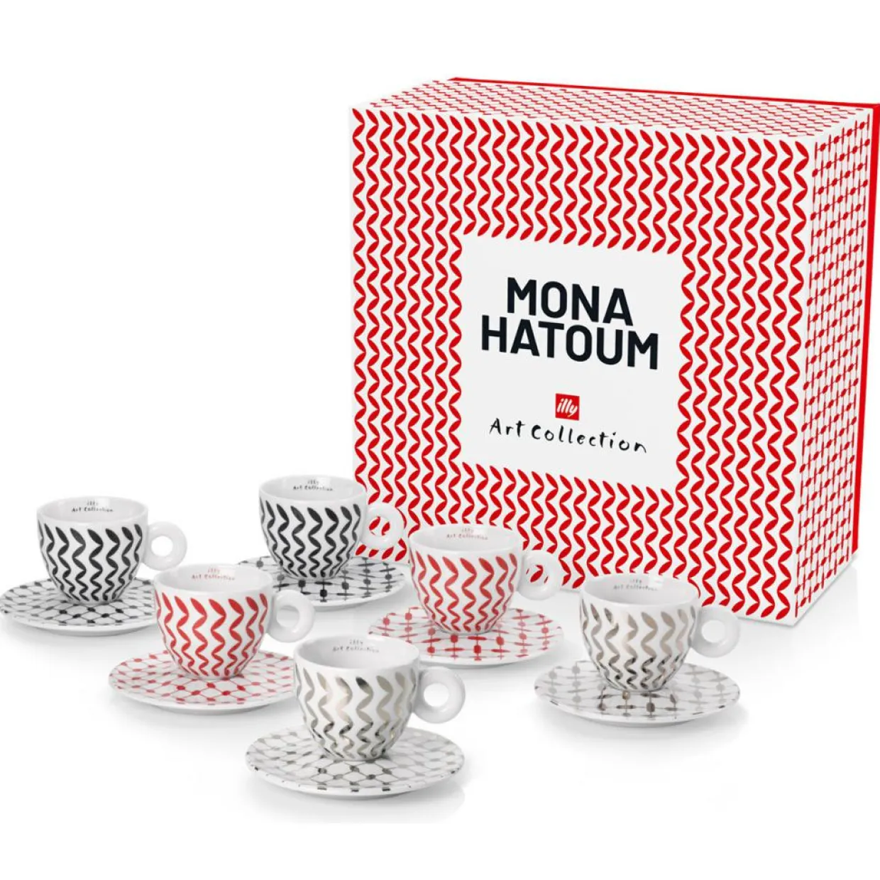 Illy Mugs, Tasses^Coffret de 6 Tasses Cappucino en Porcelaine Signé Mona Hatoum rouge/noir/gris - 170 ml