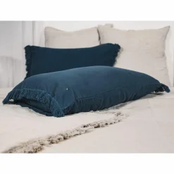 Bed and Philosophy Coussins, Galettes De Sièges^Coussin en lin finitions frangées bleu 65x65cm