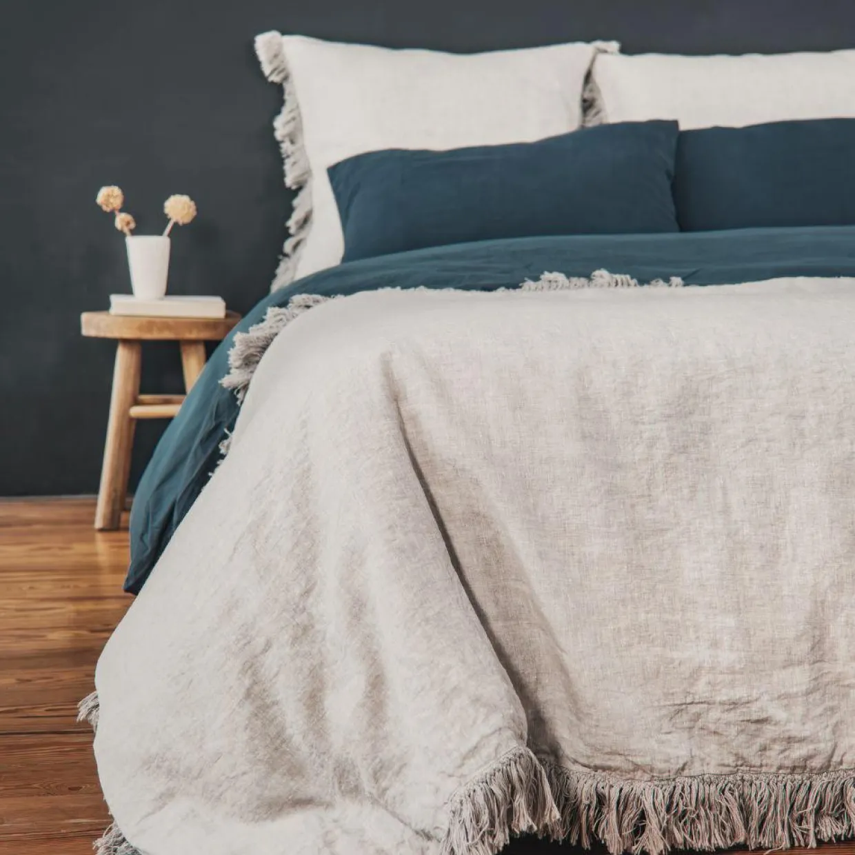 Bed and Philosophy Linge De Lit, Ensembles^Coussin en lin frangé naturel 80x80cm