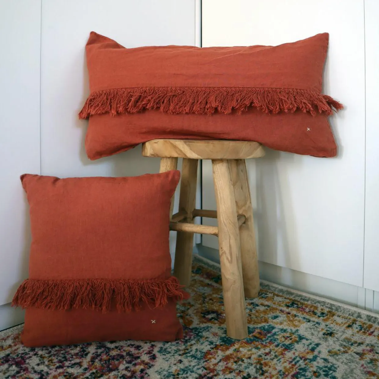 Coussin en lin frangé terre brûlée 30x60cm-Bed and Philosophy Discount