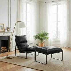 Bois & Chiffons Poufs^Damo black pouf Leather Noir - 68x46x35 cm