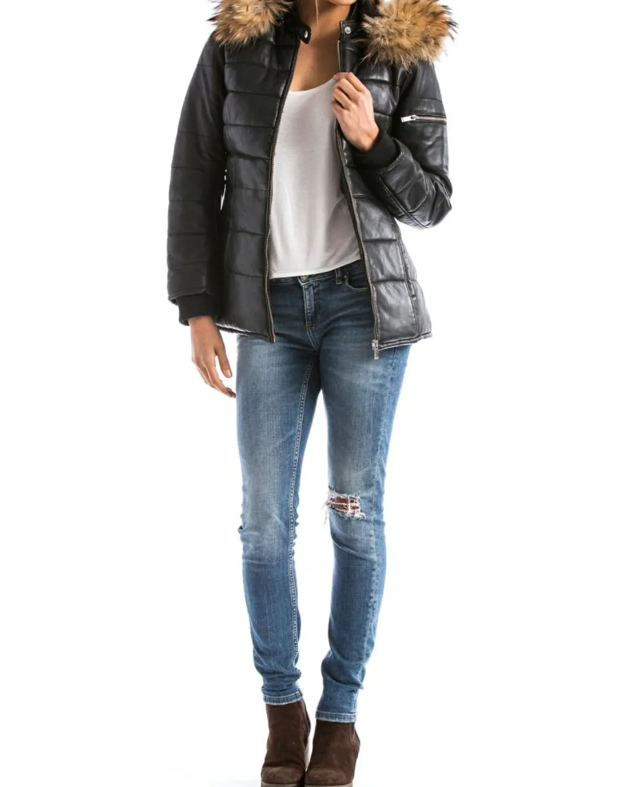 Femme Blue Wellford Manteaux^Doudoune en Cuir Adige noire