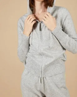 Gilet à capuche 100% Cachemire Blanche gris chiné clair/jaune fluo-Cashmere Tribu Online