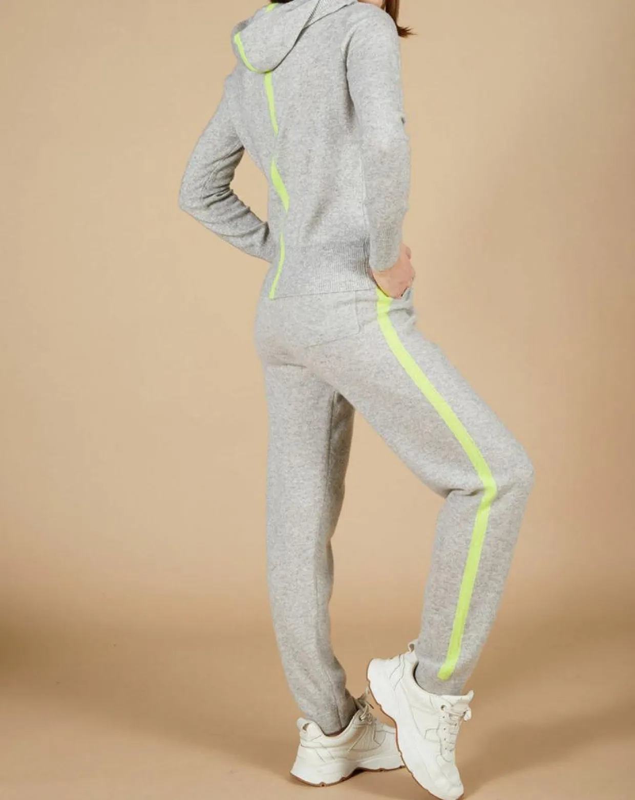 Gilet à capuche 100% Cachemire Blanche gris chiné clair/jaune fluo-Cashmere Tribu Online