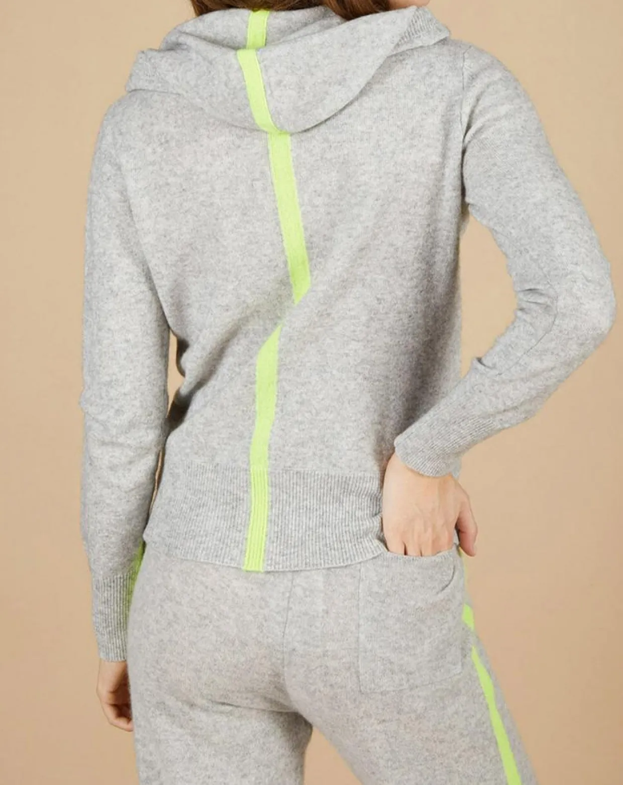 Gilet à capuche 100% Cachemire Blanche gris chiné clair/jaune fluo-Cashmere Tribu Online