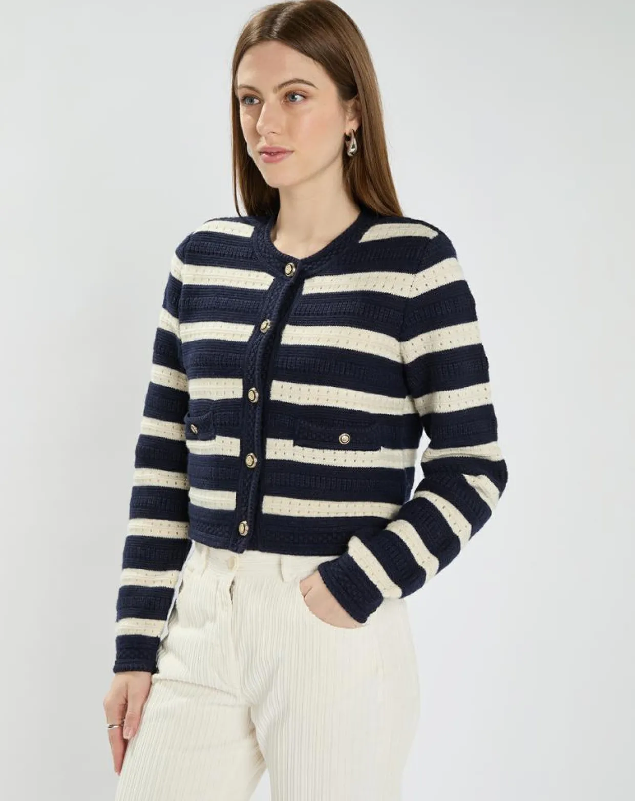 Femme Zapa Gilets Et Cardigans^Gilet en Coton & Laine Glada rayures nocturne/écru