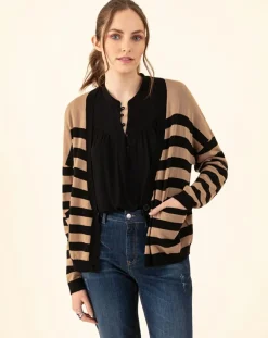Gilet en Laine mélangée Lena rayure camel-Indies Clearance