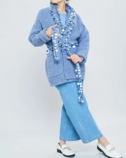 Gilet en Mohair & Laine mélangés Ceinture Pampille bleu-Manoush Hot