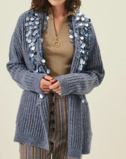 Gilet en Mohair & Laine mélangés Ceinture Pampille bleu-Manoush Hot