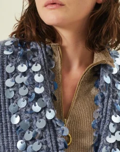 Gilet en Mohair & Laine mélangés Ceinture Pampille bleu-Manoush Hot