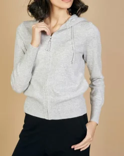 Gilet zippé à capuche en Laine & Cachemire Erica gris chiné clair-Cashmere Tribu Online