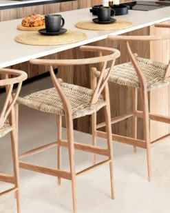Hirosi - Chaise de bar en teck massif et rotin-Uniqka Discount