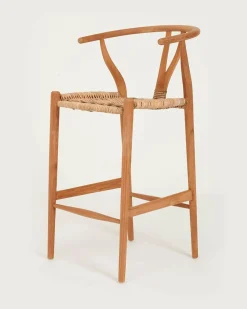 Hirosi - Chaise de bar en teck massif et rotin-Uniqka Discount