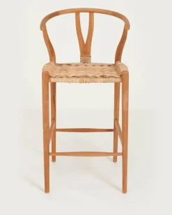 Hirosi - Chaise de bar en teck massif et rotin-Uniqka Discount