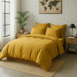 Baton Rouge Linge De Lit, Ensembles^Housse de Couette 100% Percale de Coton - Finition Bouteille 40cm jaune moutarde