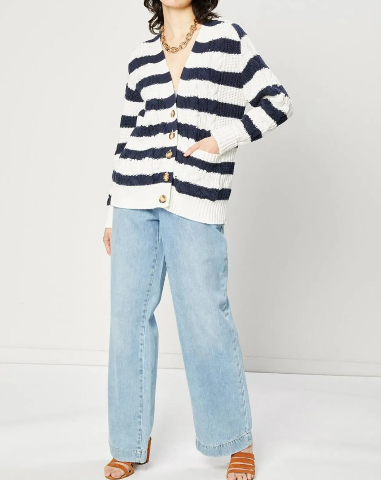 Jean Wide en Coton & Lin mélangés à taille haute bleu clair-Esprit Online