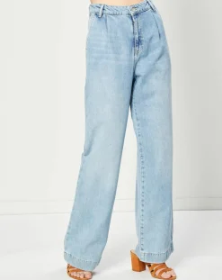 Jean Wide en Coton & Lin mélangés à taille haute bleu clair-Esprit Online