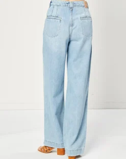 Jean Wide en Coton & Lin mélangés à taille haute bleu clair-Esprit Online