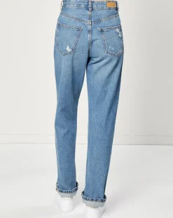 Jeans droit en Toile de coton taille haute bleu moyen-Esprit Hot