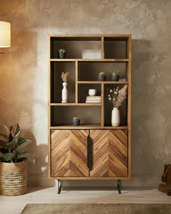 Kappa - Petite bibliothèque industrielle en teck maffis recyclé avec motif chevron 100 cm-Uniqka New