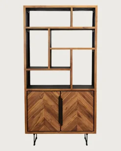 Kappa - Petite bibliothèque industrielle en teck maffis recyclé avec motif chevron 100 cm-Uniqka New