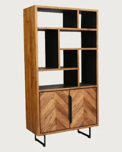 Kappa - Petite bibliothèque industrielle en teck maffis recyclé avec motif chevron 100 cm-Uniqka New