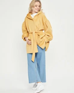 Manteau 3/4 léger 100% Laine à capuche ocre-Lou Andrea Clearance