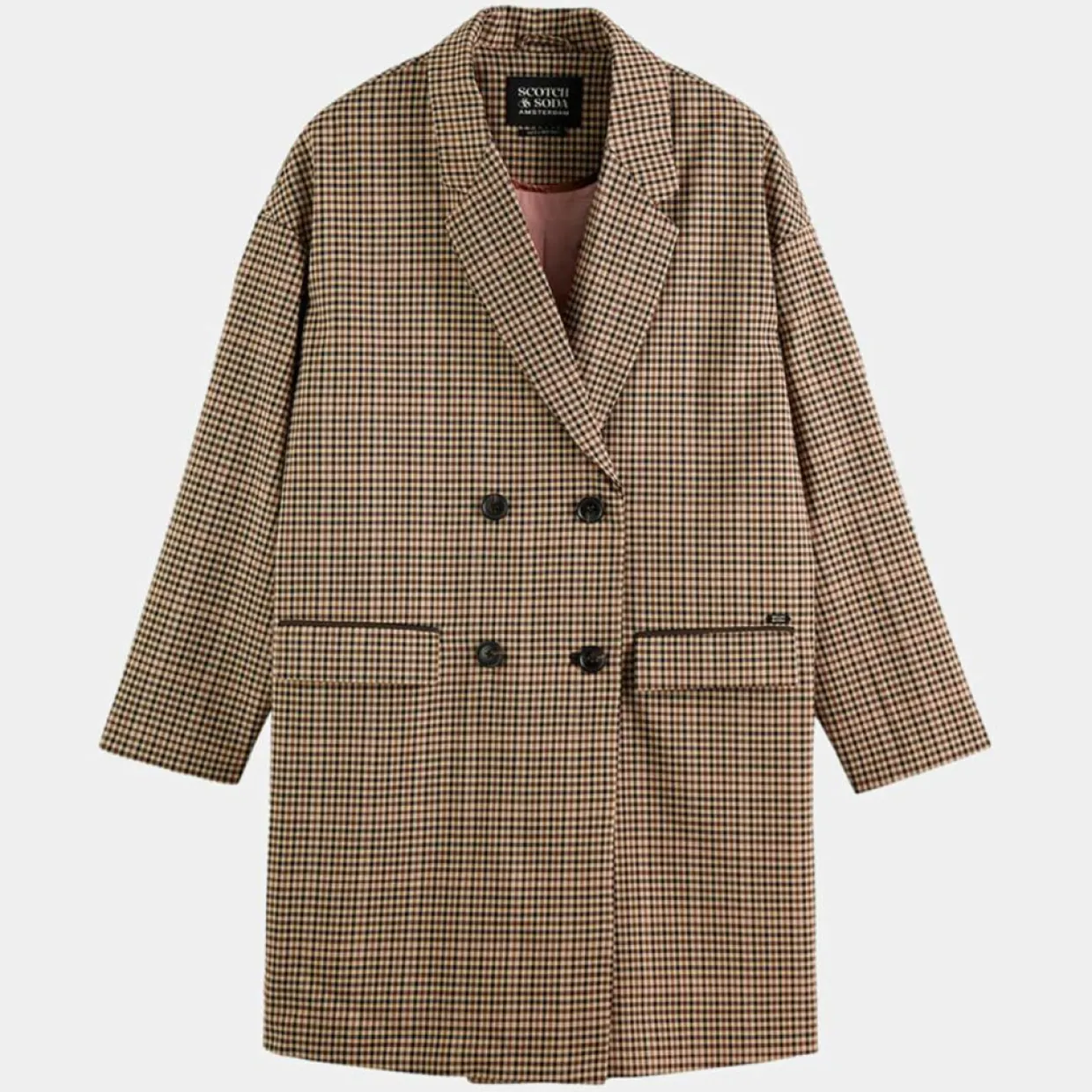 Manteau droit double boutonnage à carreaux beige/marron-Scotch & Soda Outlet