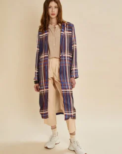 Manteau léger satiné Greg à carreaux marine/beige-Chloé Stora Online