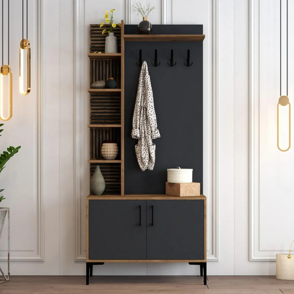Wooden Art Meubles De Rangement^Meuble d'entrée Viyana noyer/anthracite - 90x200x35 cm