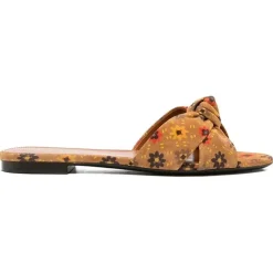Femme Saint Laurent Sandales Plates^Mules en Velours de Cuir Bianca marron