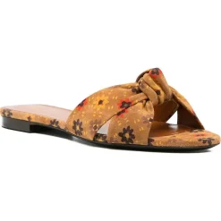 Femme Saint Laurent Sandales Plates^Mules en Velours de Cuir Bianca marron