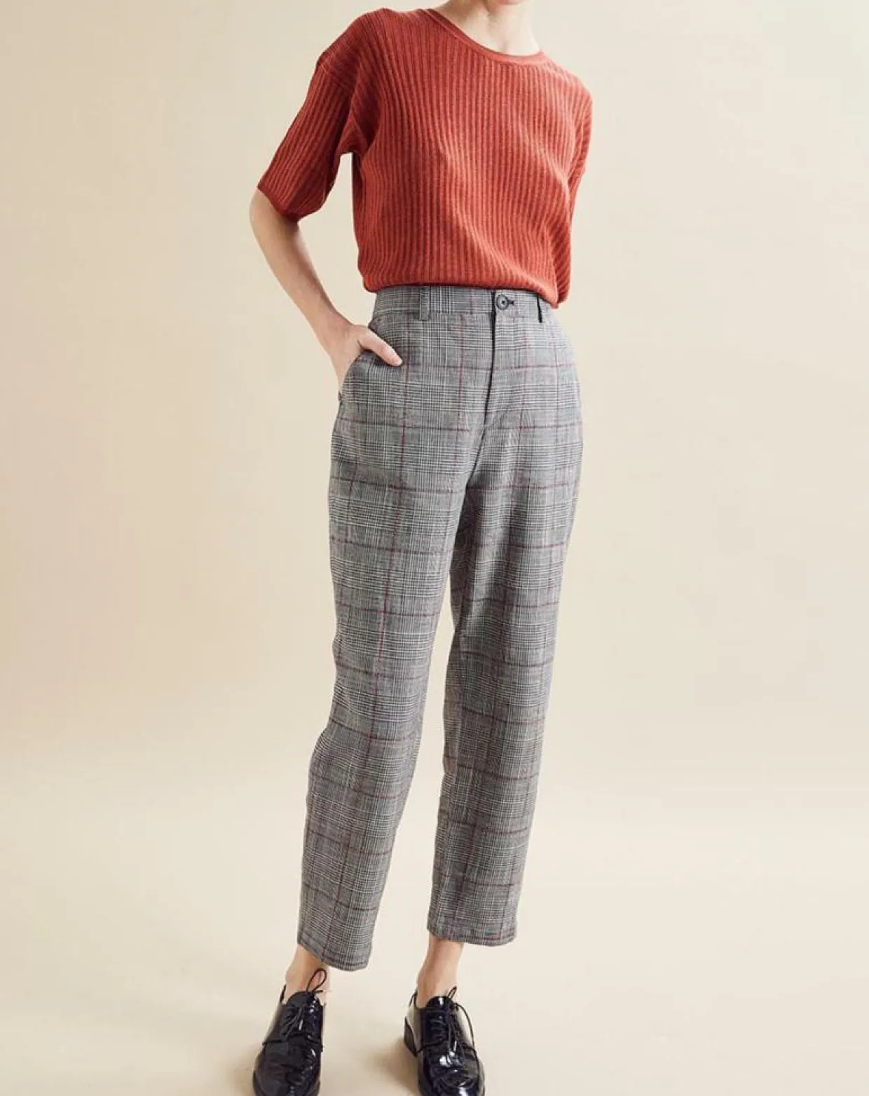 Pantalon en Lin mélangé Porto pied-de-poule noir/écru-Chloé Stora