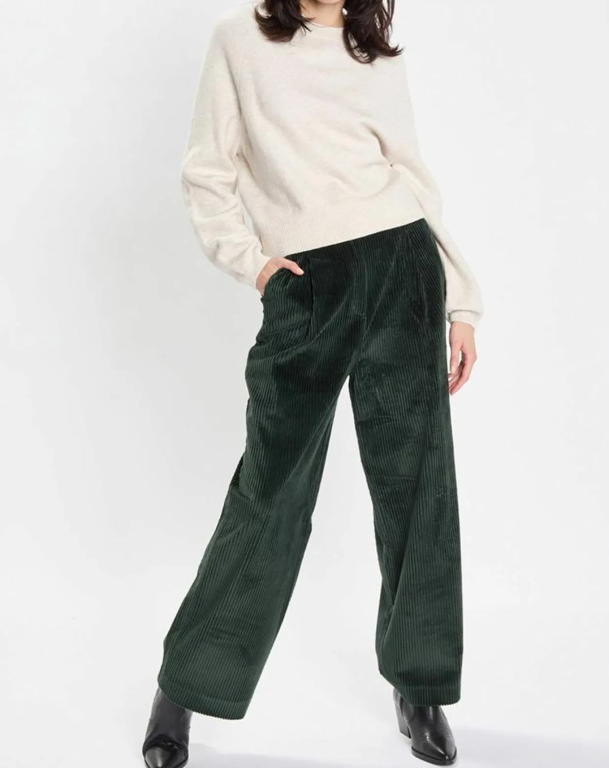 Femme Marc O'Polo Pantalons^Pantalon large en Velours côtelé à revers vert foncé