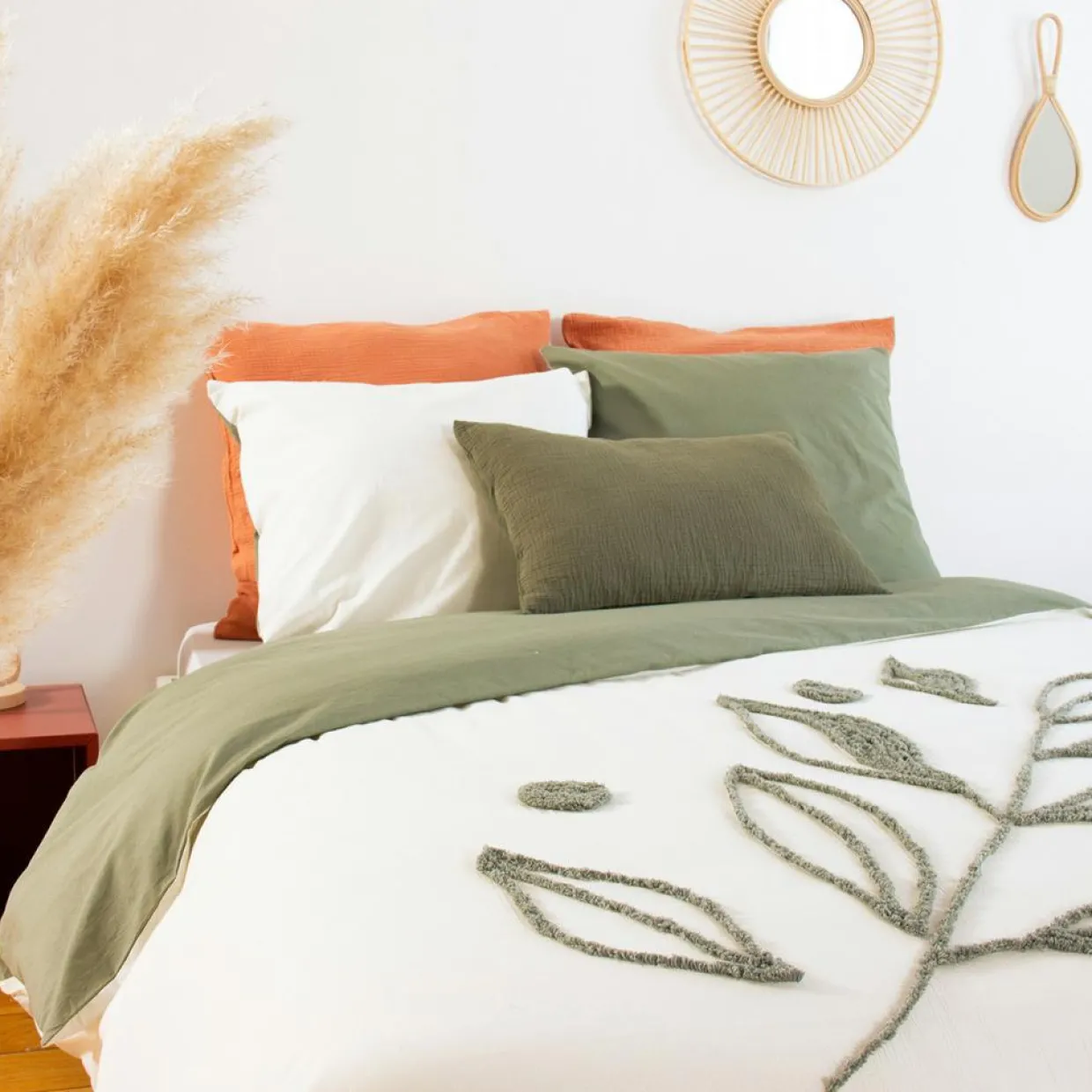 Parure housse de couette Herbier blanc/kaki-Home Collection Outlet