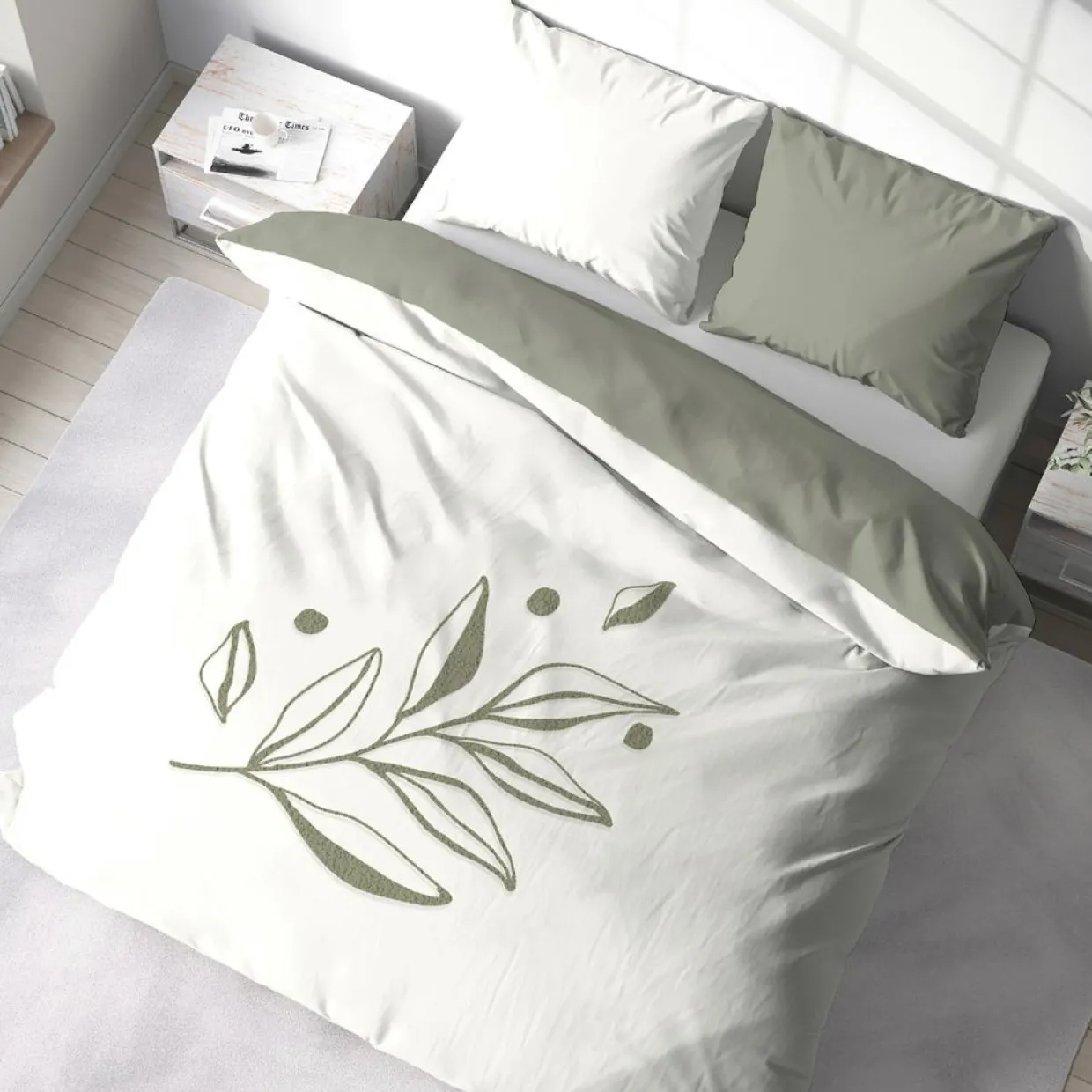 Parure housse de couette Herbier blanc/kaki-Home Collection Outlet