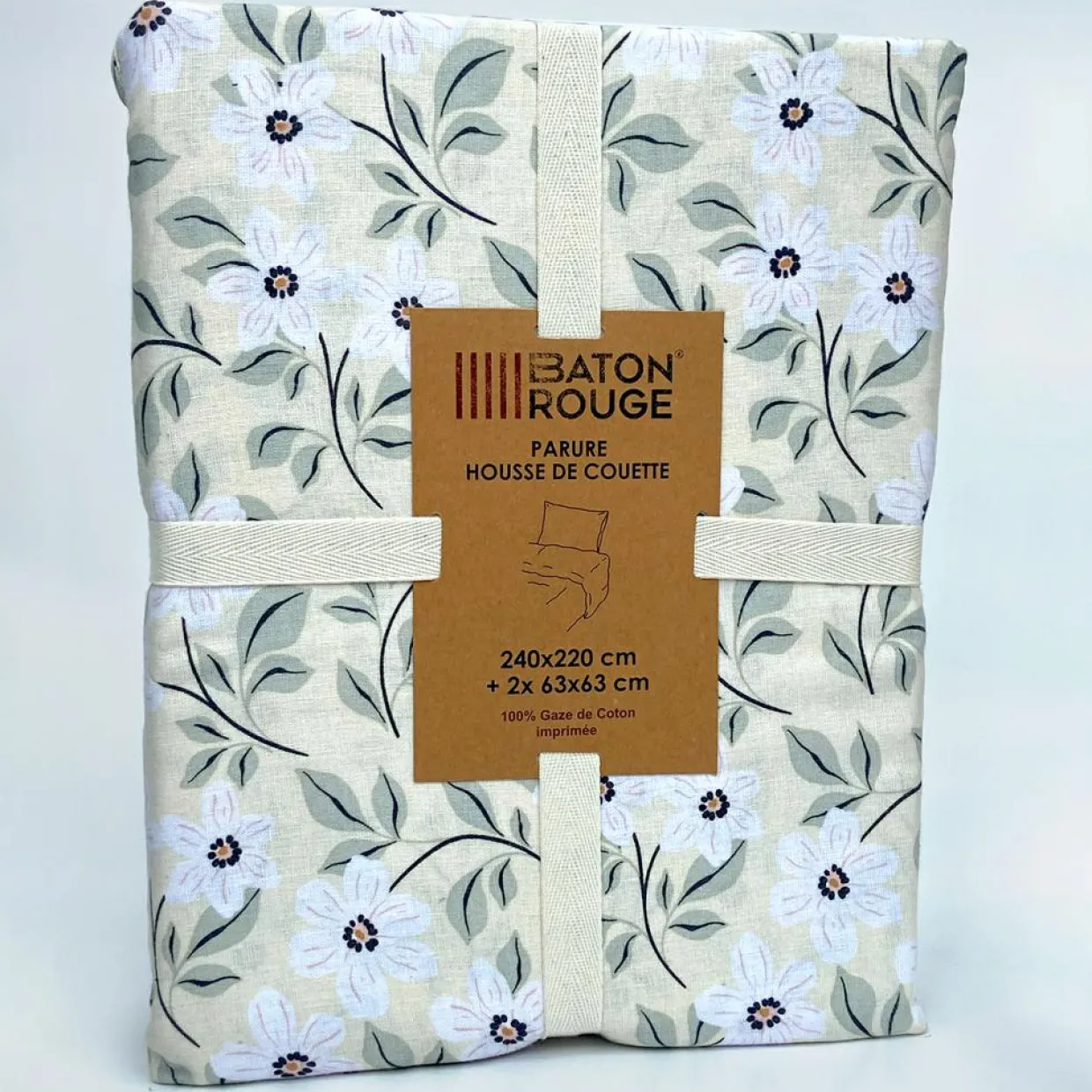 Parure Housse de Couette 100% Gaze de Coton Imprimé Loucile blanche-Baton Rouge Clearance