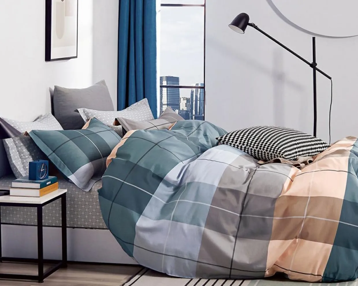 Parure housse de couette 100% Percale de Coton bleue-Home Collection Discount