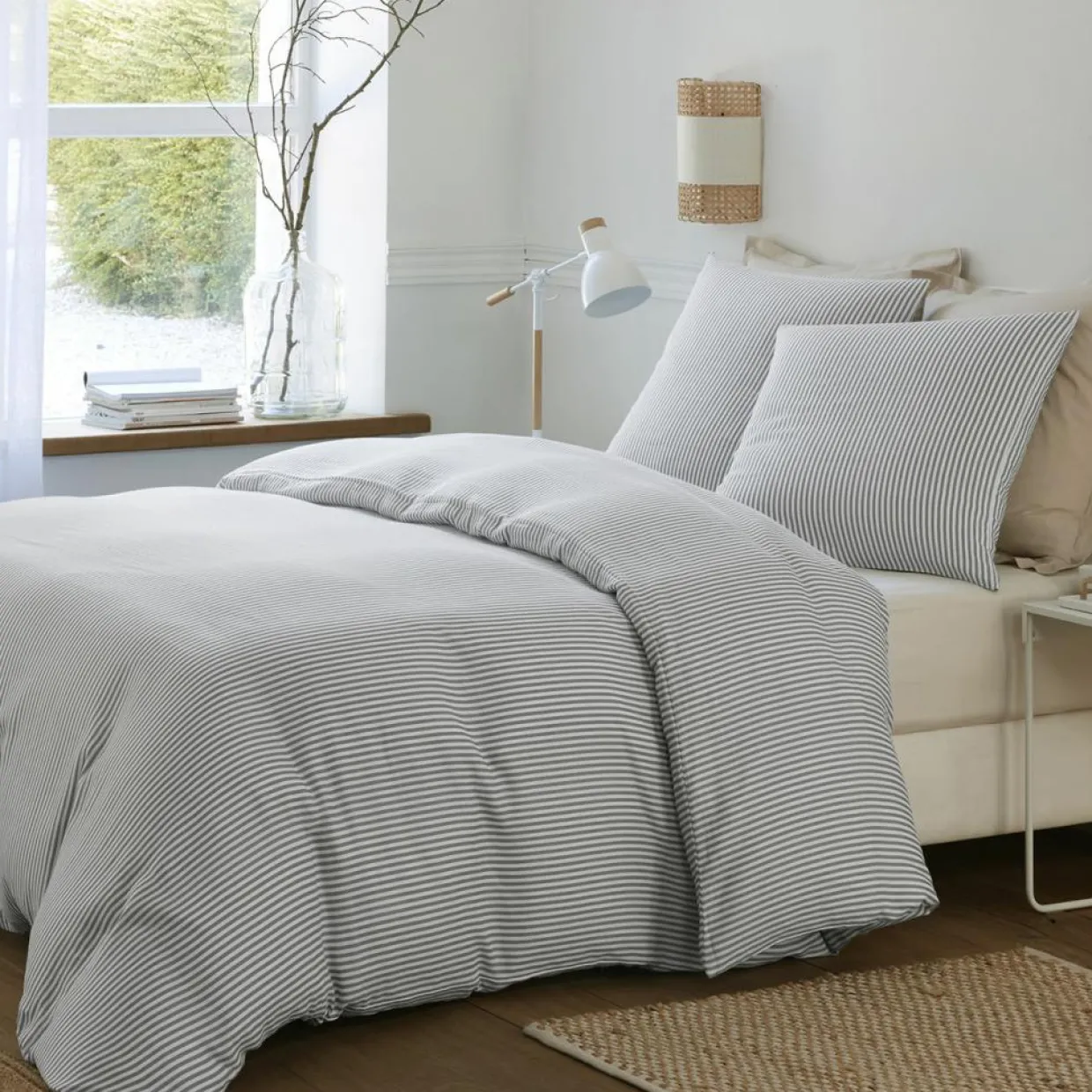 Parure Housse de Couette 100% Gaze de Coton Imprimé Laya blanc/gris-Baton Rouge