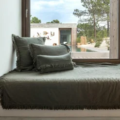 Bed and Philosophy Plaids^Plaid en lin & coton finitions frangées vert 150x180cm