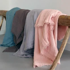 Bed and Philosophy Plaids^Plaid en lin lavé finitions frangées rose 150x180cm